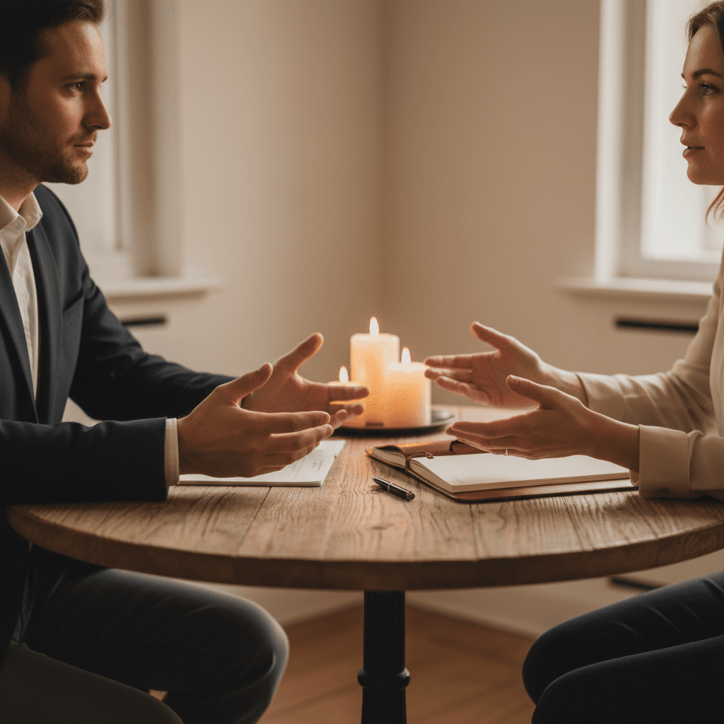Mediation session with two people in dialogue