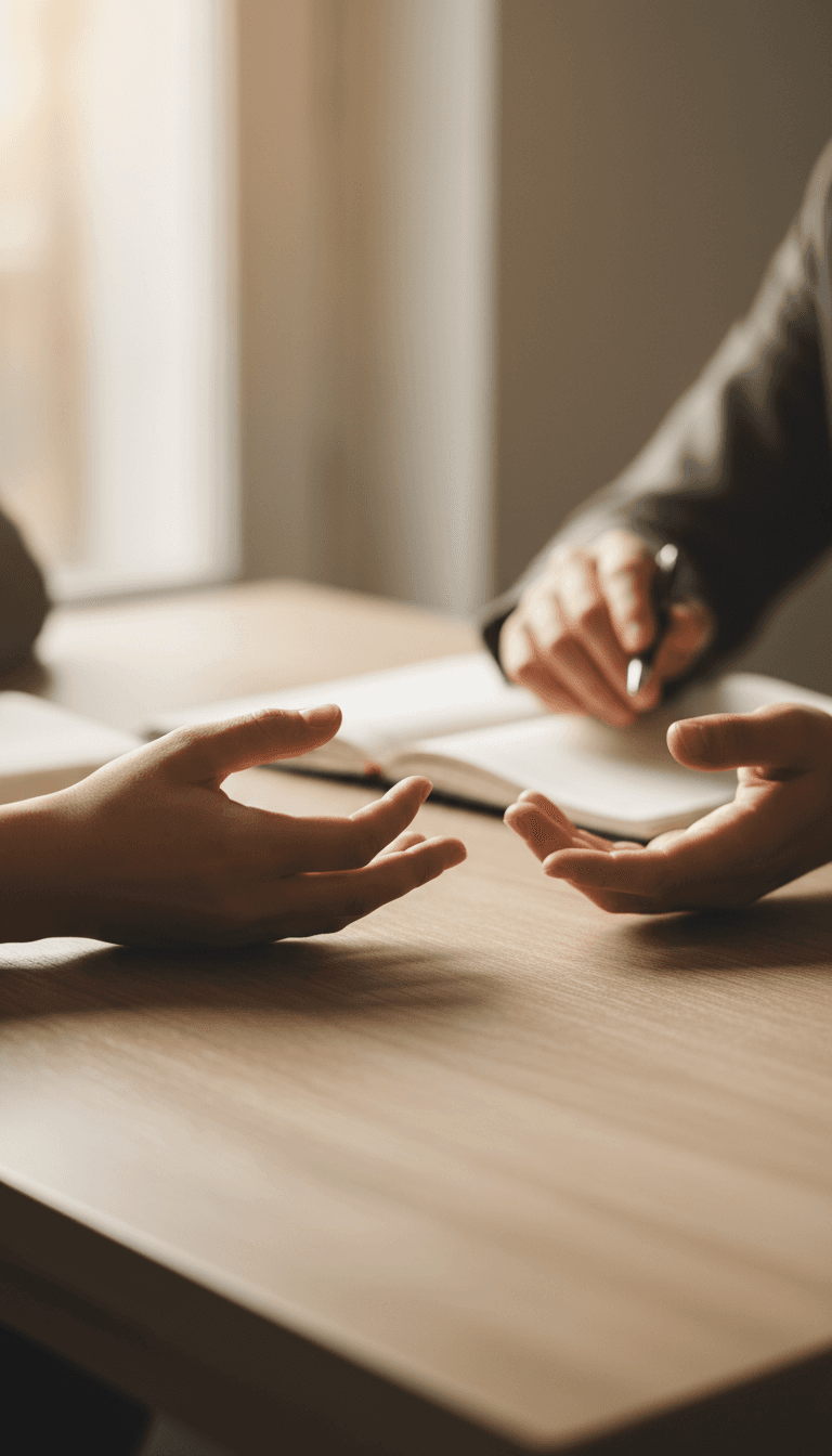 Two people engaged in respectful mediation conversation