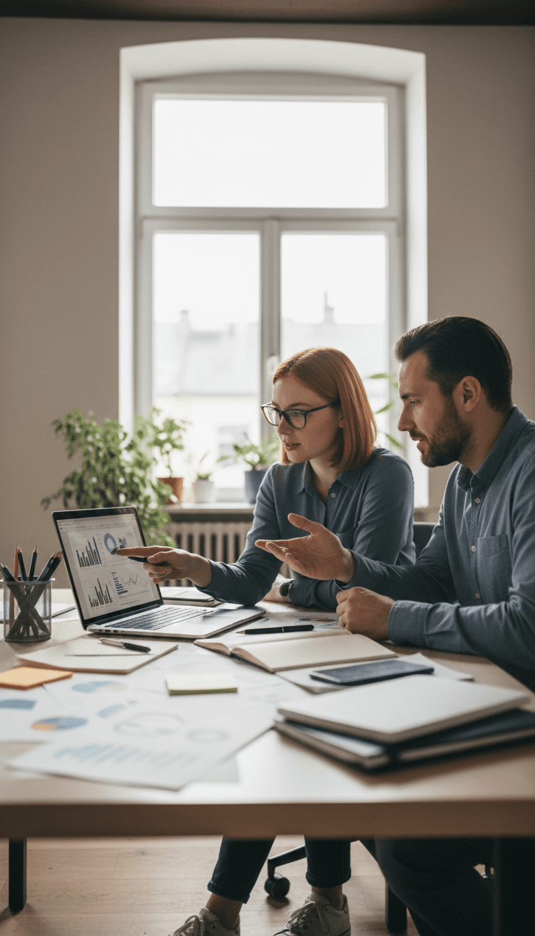 Two people having a calm, respectful conversation across a table in a bright, peaceful office setting